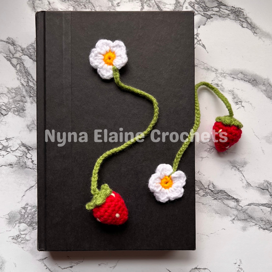 Red Strawberry and Daisy Crochet Bookmark, Tie, Charm, Handmade (1pcs)