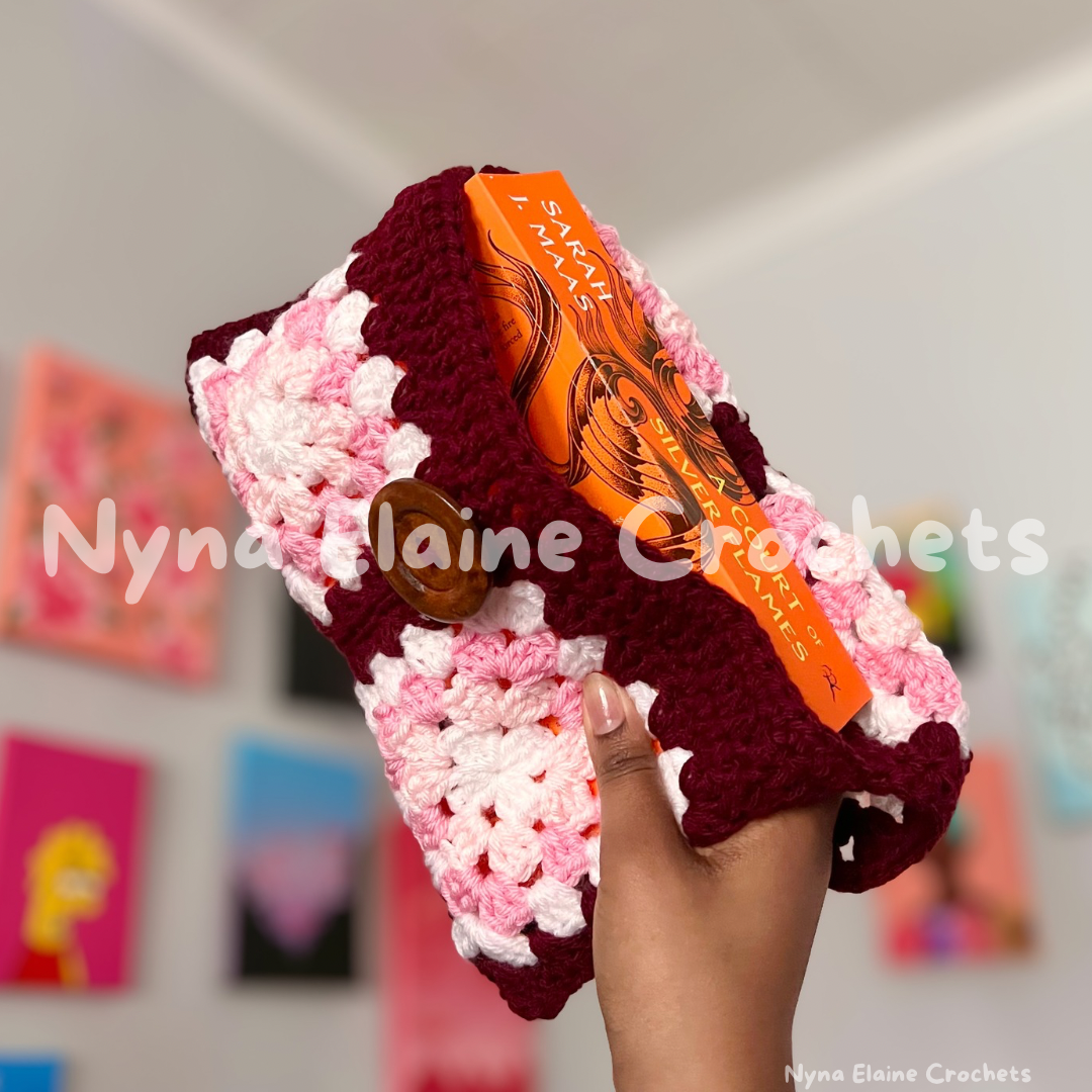 Large Granny Square Book sleeve/ E-reader Holder Pink/Red with a Wooden Button