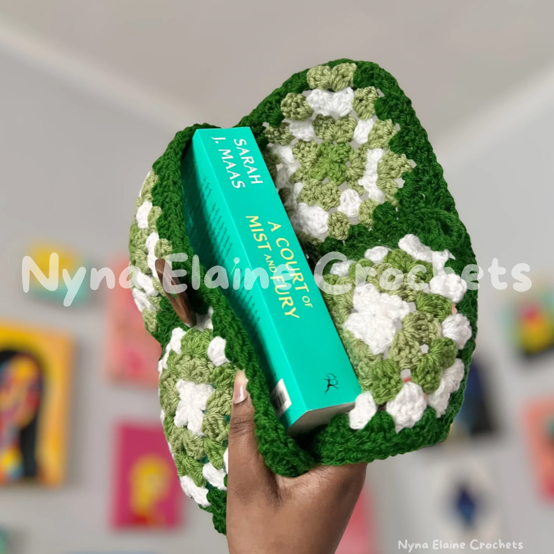 Large Granny Square Book sleeve/ E-reader Holder Green/ White with a Wooden Button