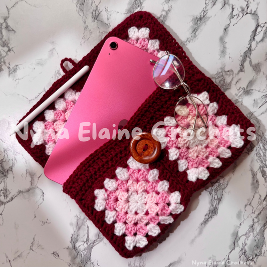Large Granny Square Book sleeve/ E-reader Holder Pink/Red with a Wooden Button