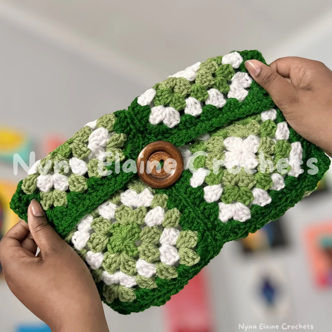 Large Granny Square Book sleeve/ E-reader Holder Green/ White with a Wooden Button