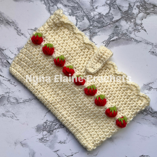 Cream Strawberry Crochet Book Sleeve Handmade