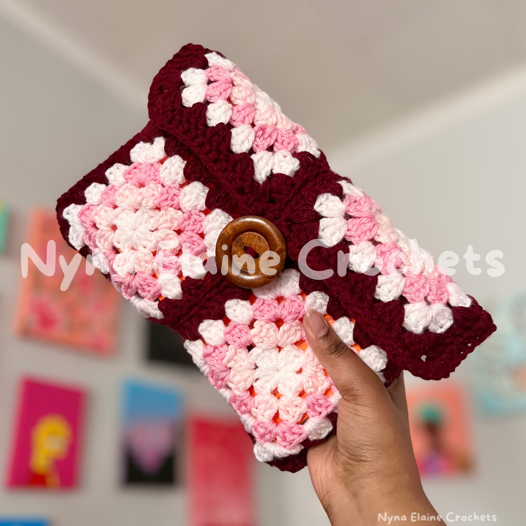 Large Granny Square Book sleeve/ E-reader Holder Pink/Red with a Wooden Button