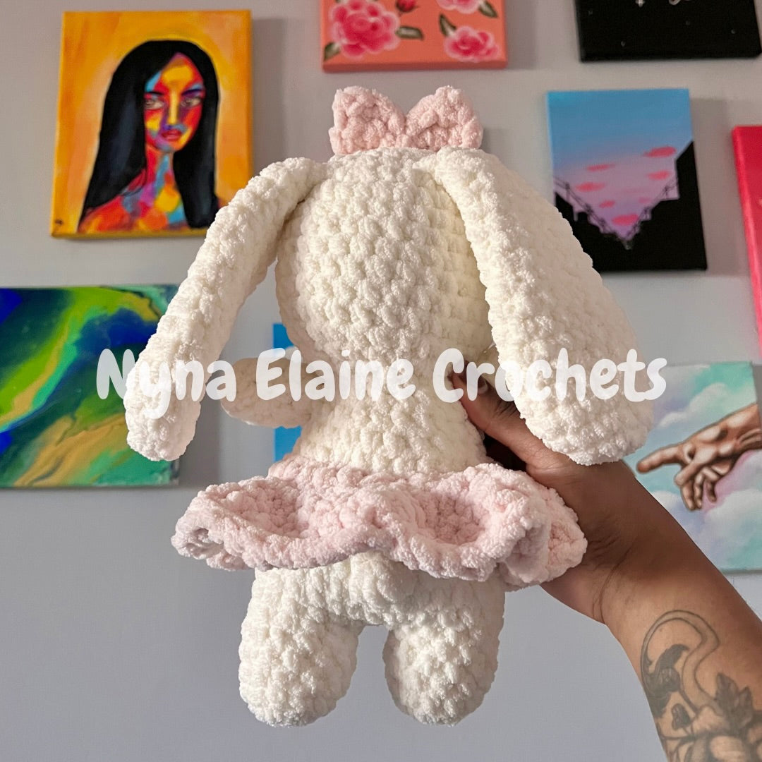 Tutu Pink Bow White Crochet Bunny Plushie Handmade