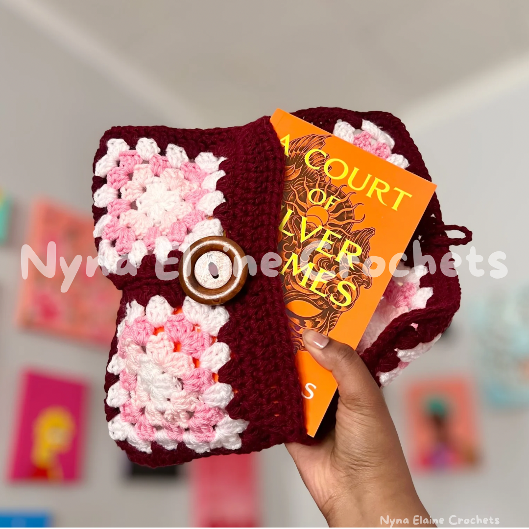 Large Granny Square Book sleeve/ E-reader Holder Pink/Red with a Wooden Button