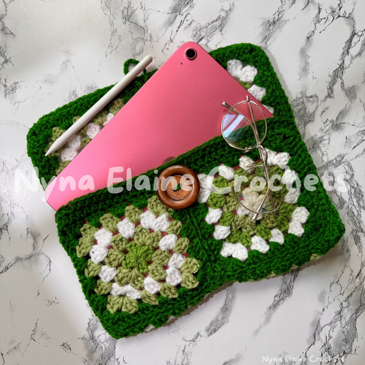 Large Granny Square Book sleeve/ E-reader Holder Green/ White with a Wooden Button