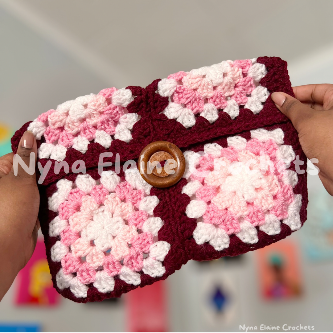 Large Granny Square Book sleeve/ E-reader Holder Pink/Red with a Wooden Button