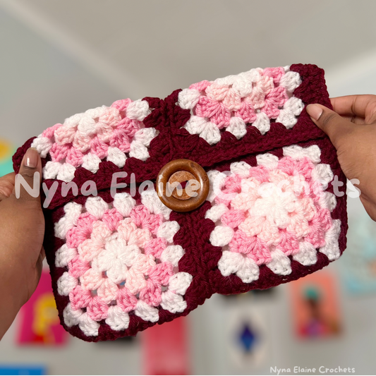 Large Granny Square Book sleeve/ E-reader Holder Pink/Red with a Wooden Button
