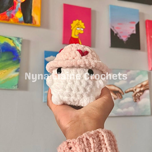 Pink Crochet Amigurumi Mushroom w Red Hearts Plushie