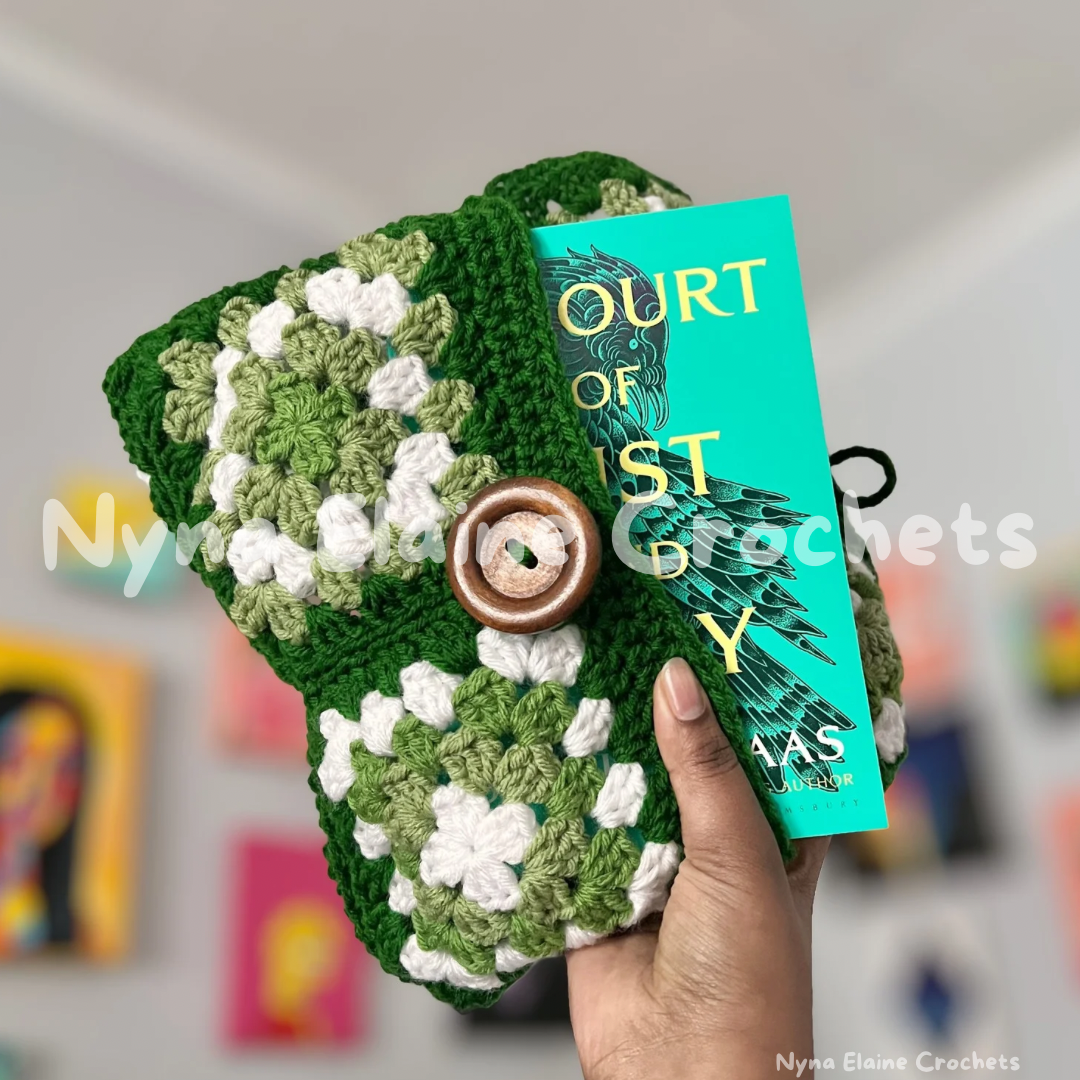 Large Granny Square Book sleeve/ E-reader Holder Green/ White with a Wooden Button