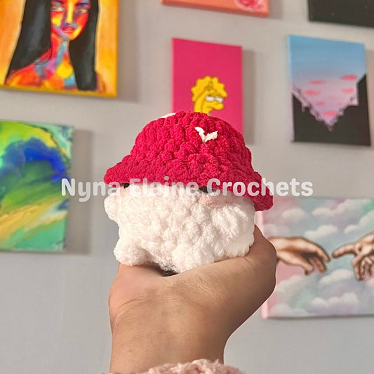 Red Crochet Amigurumi Mushroom w Pink Hearts Plushie