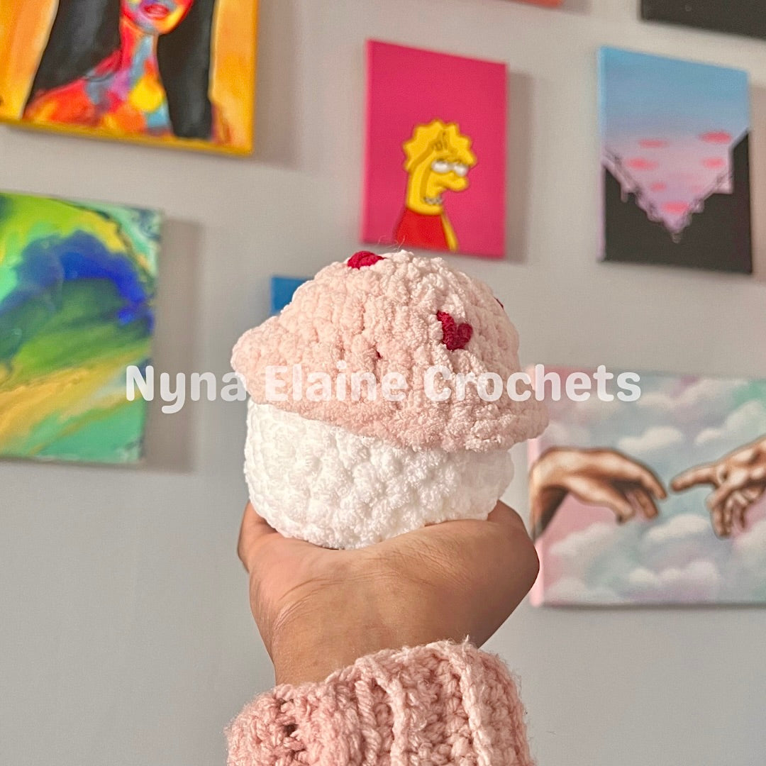 Pink Crochet Amigurumi Mushroom w Red Hearts Plushie