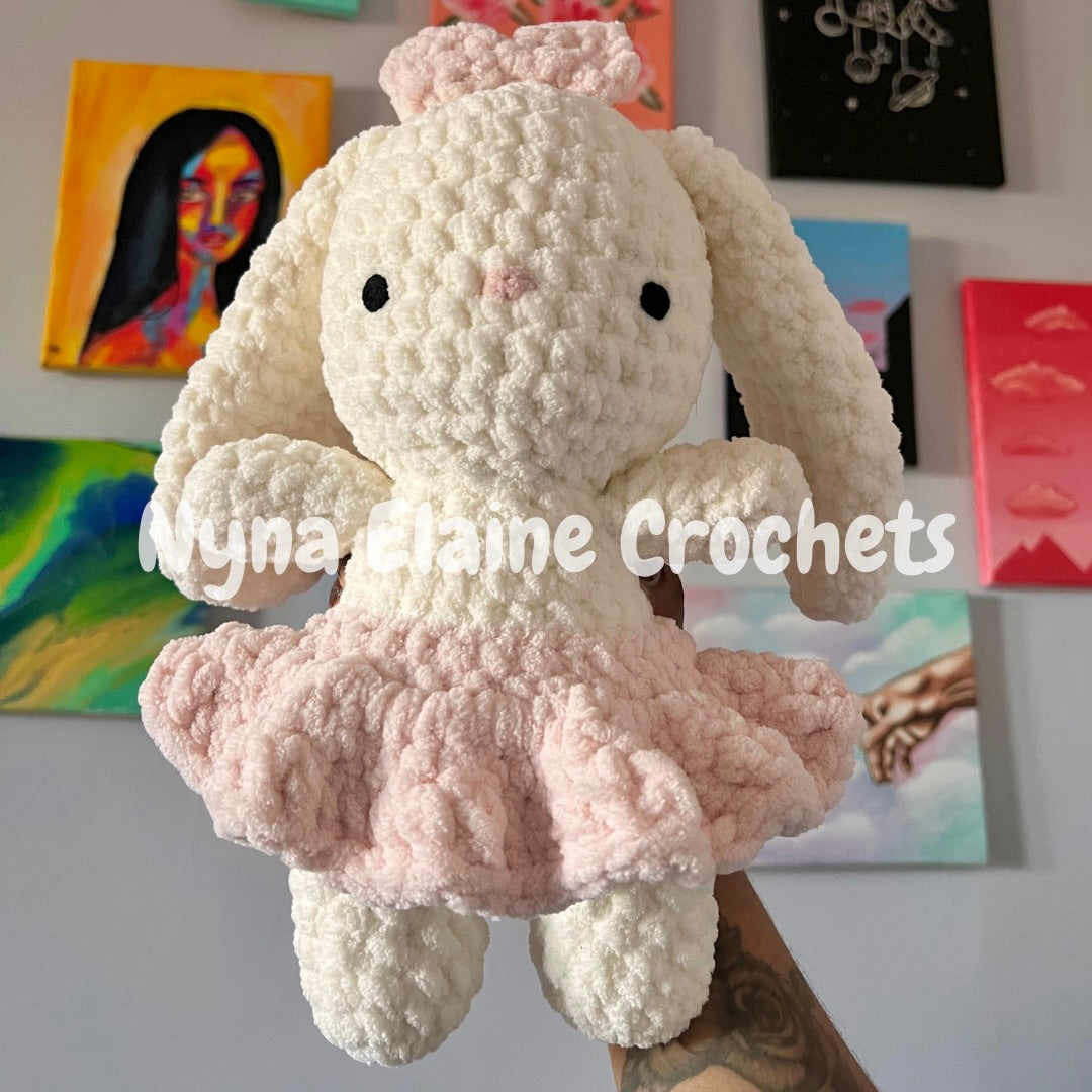 Tutu Pink Bow White Crochet Bunny Plushie Handmade