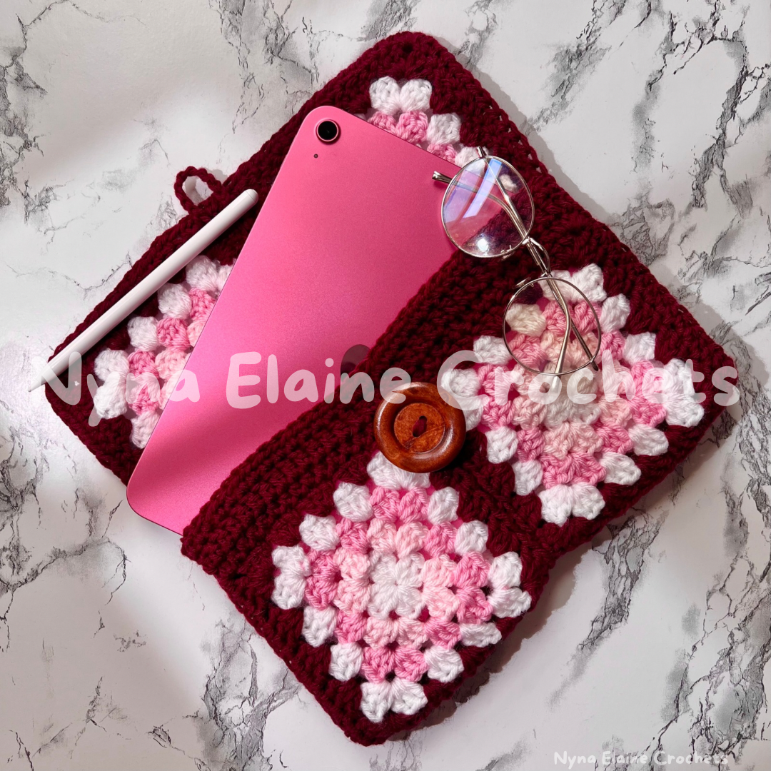 Large Granny Square Book sleeve/ E-reader Holder Pink/Red with a Wooden Button
